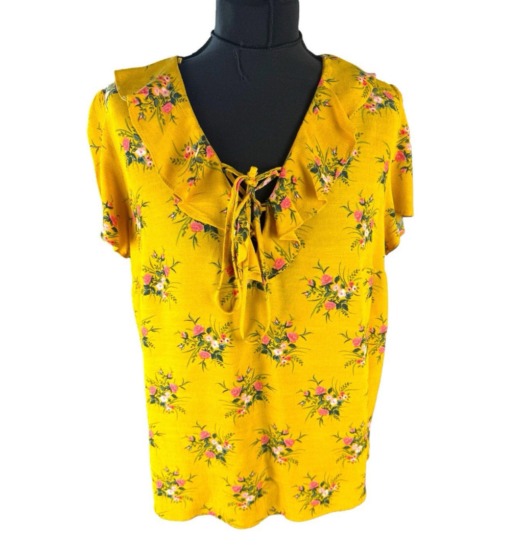 Dorothy Perkins Floral Blouse Women's UK Size 14 Yellow Ruffle Collar Tie Neck