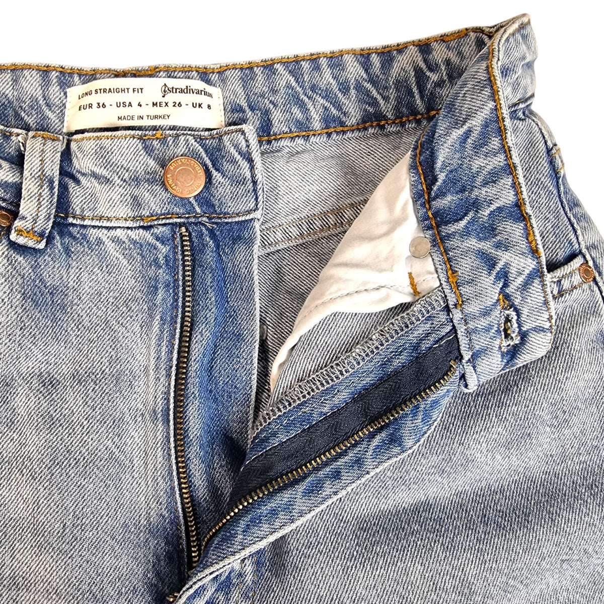 stradivarius Blue Stradivarius Jeans Women's UK Size 8 Long Split Hem Straight Fit High Waist Blue