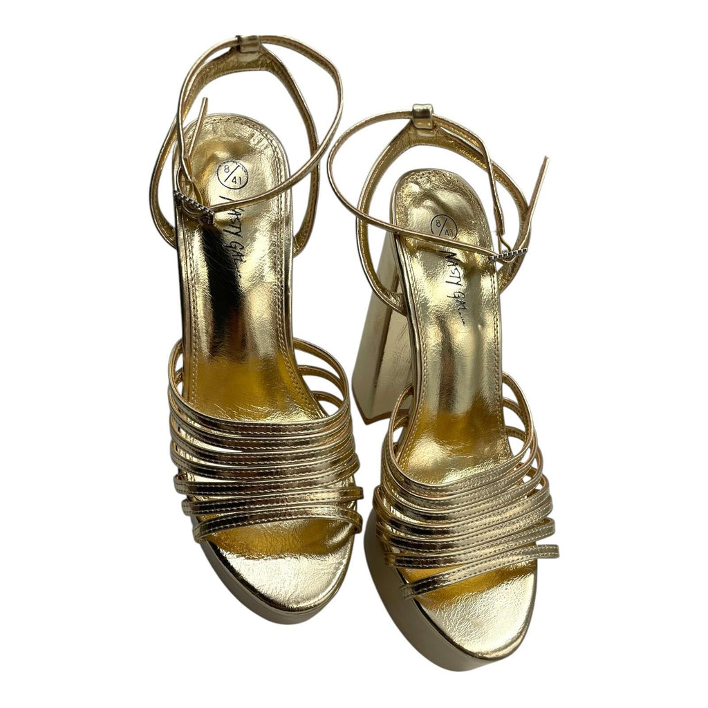 Nasty Gal Shoes Gold Metallic Strappy Platform Block Heel Women's UK Size 8