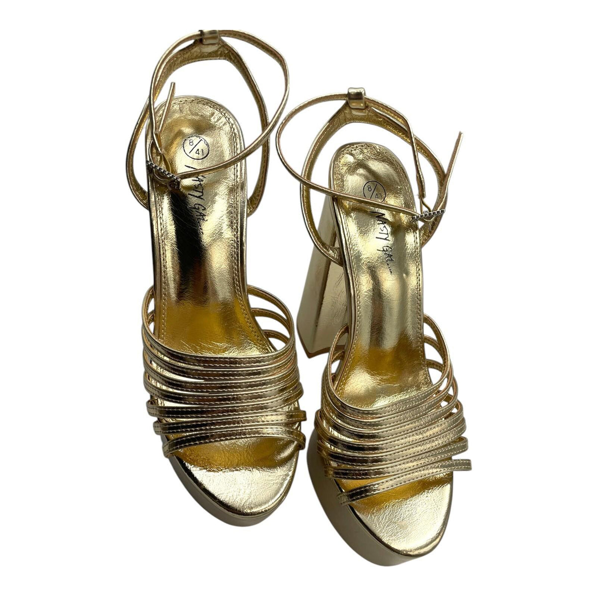 Nasty Gal Shoes Gold Metallic Strappy Platform Block Heel Women's UK Size 8