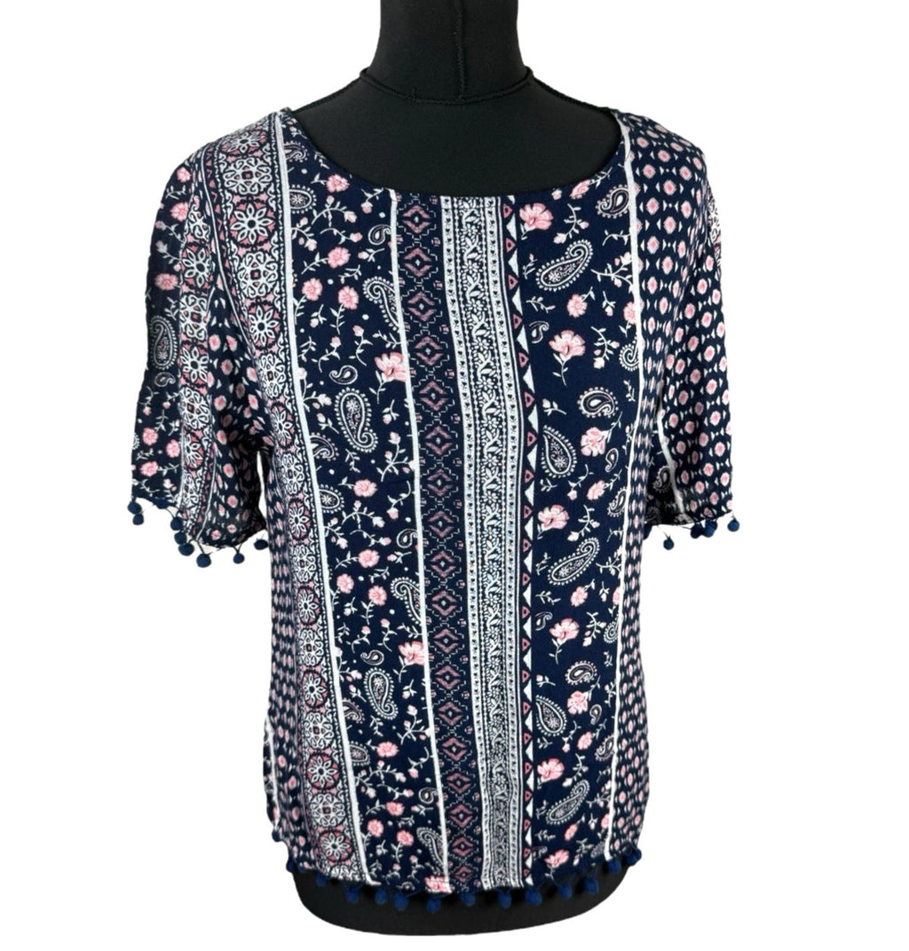 Peacocks Floral Top Navy Pink Crochet Tasselled Lightweight Women's UK Size 10