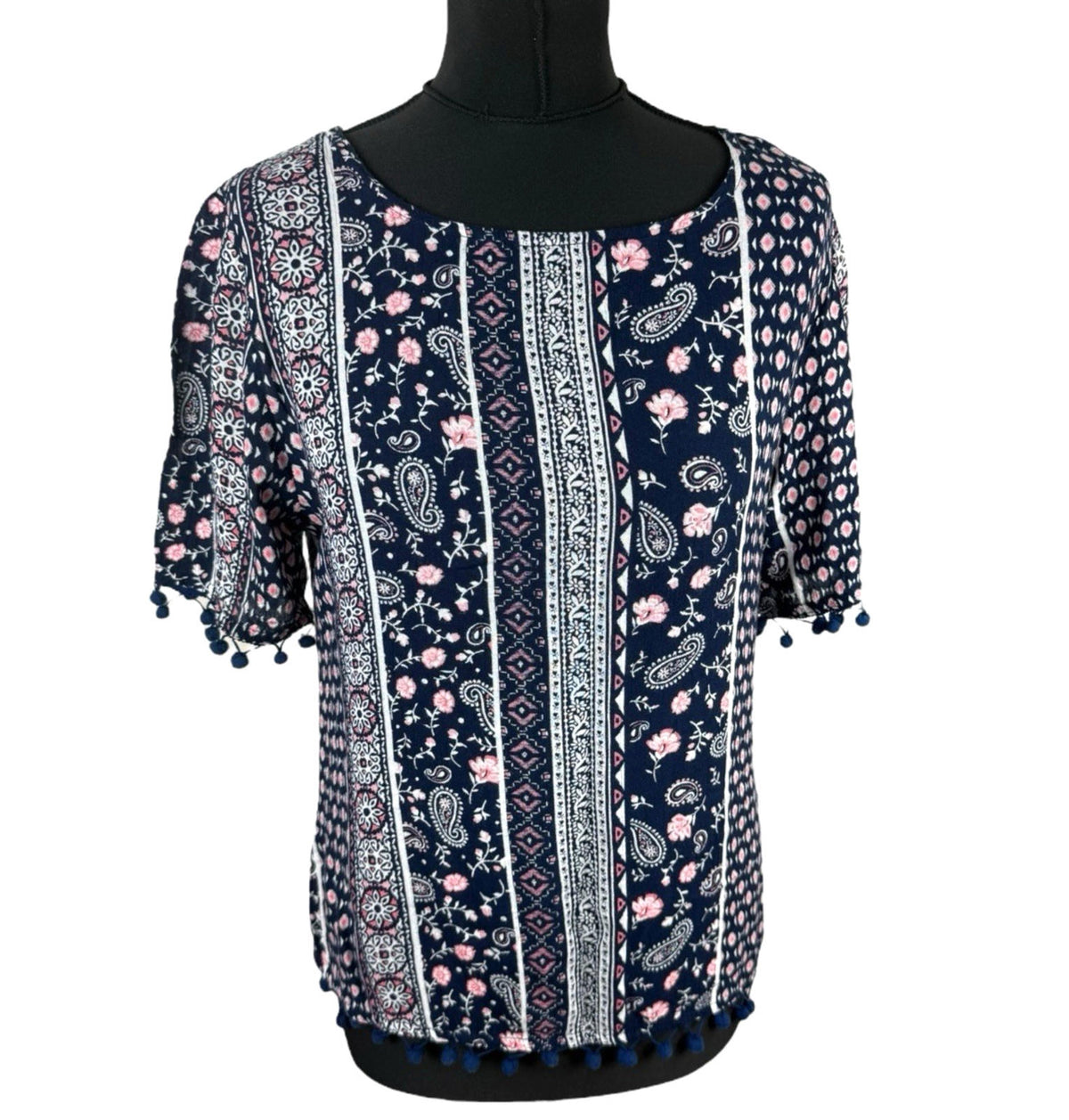 Peacocks Floral Top Navy Pink Crochet Tasselled Lightweight Women's UK Size 10