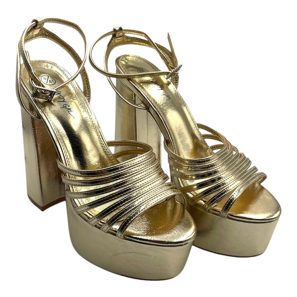 Nasty Gal Shoes Gold Metallic Strappy Platform Block Heel Women's UK Size 8