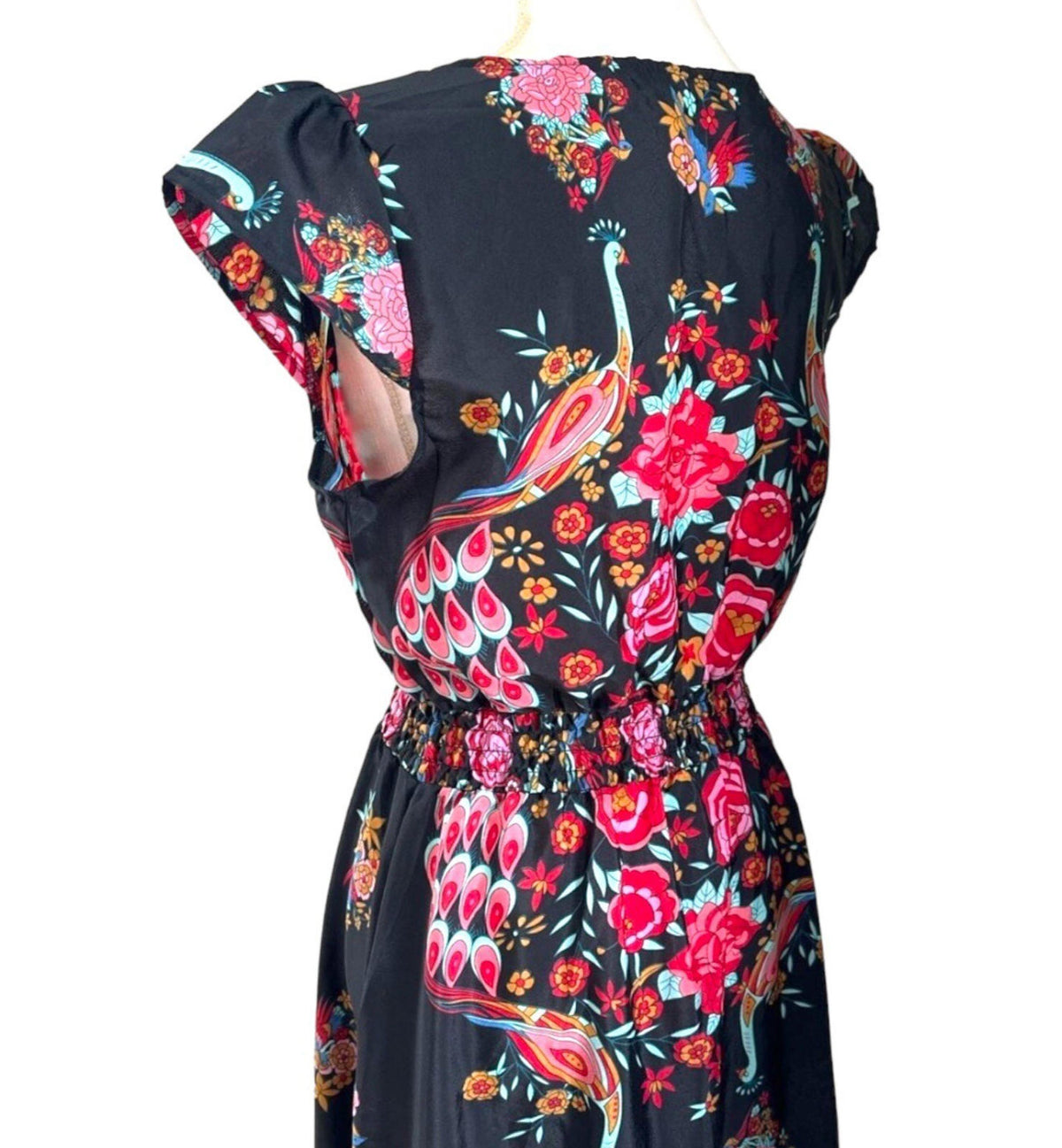 Floral & Peacock Maxi Dress Women's UK Size L Multi Length Button Down Front