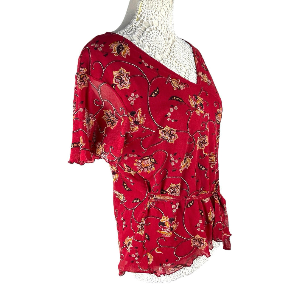 Bonmarche Blouse Red Floral Chiffon Top Women's UK Size M (10-12)