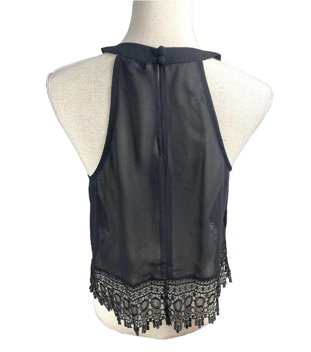 Glamours Black Crochet Hem High Neck Chiffon Tank Women's UK Size 12 Black Halter Sleeveless