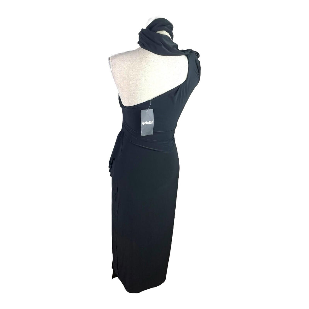 Global Black Midi Dress One Shoulder Collared Occasion Women's UK Size 8