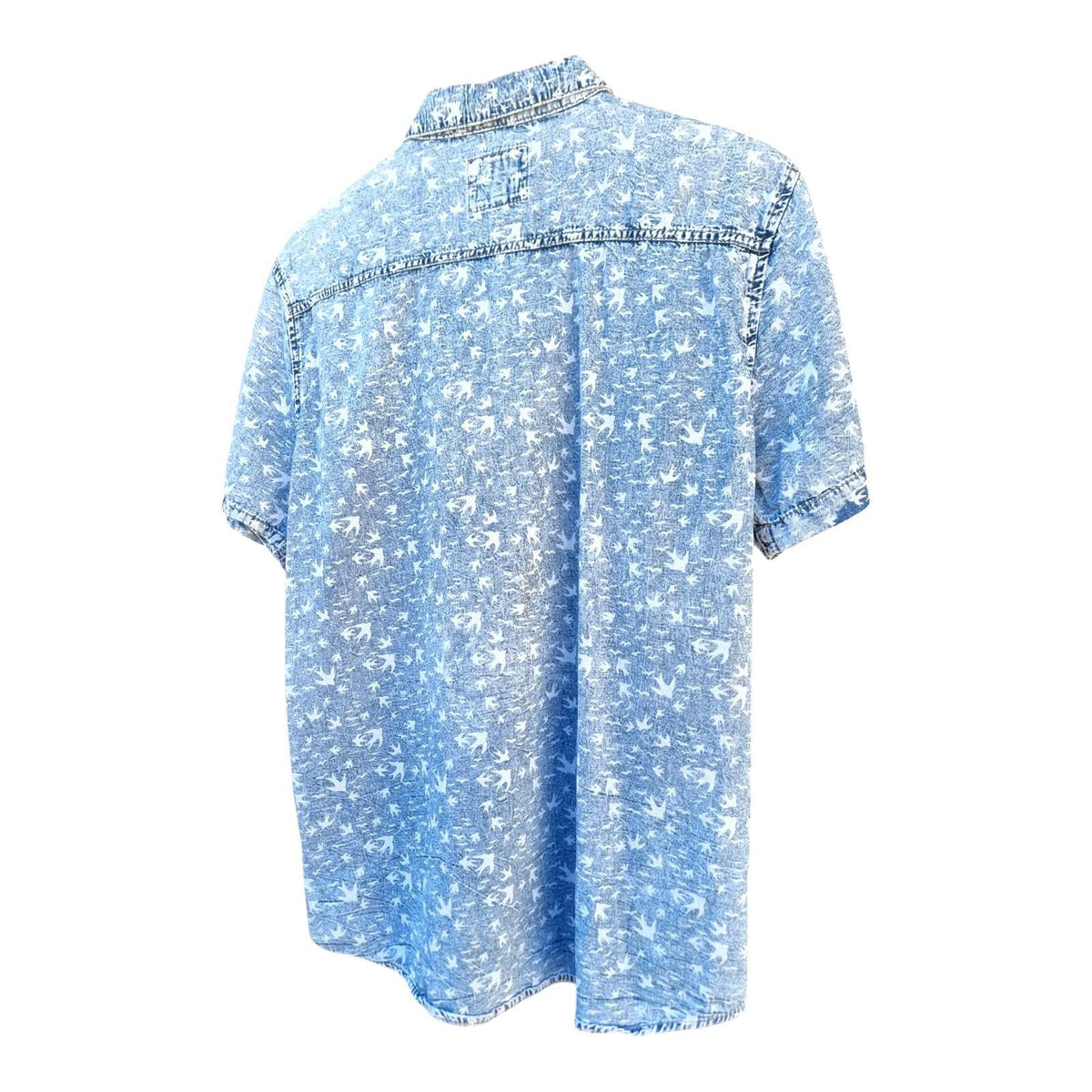 River Island Denim Shirt Blue Short Sleeve Bird Pattern Men's UK Size Large