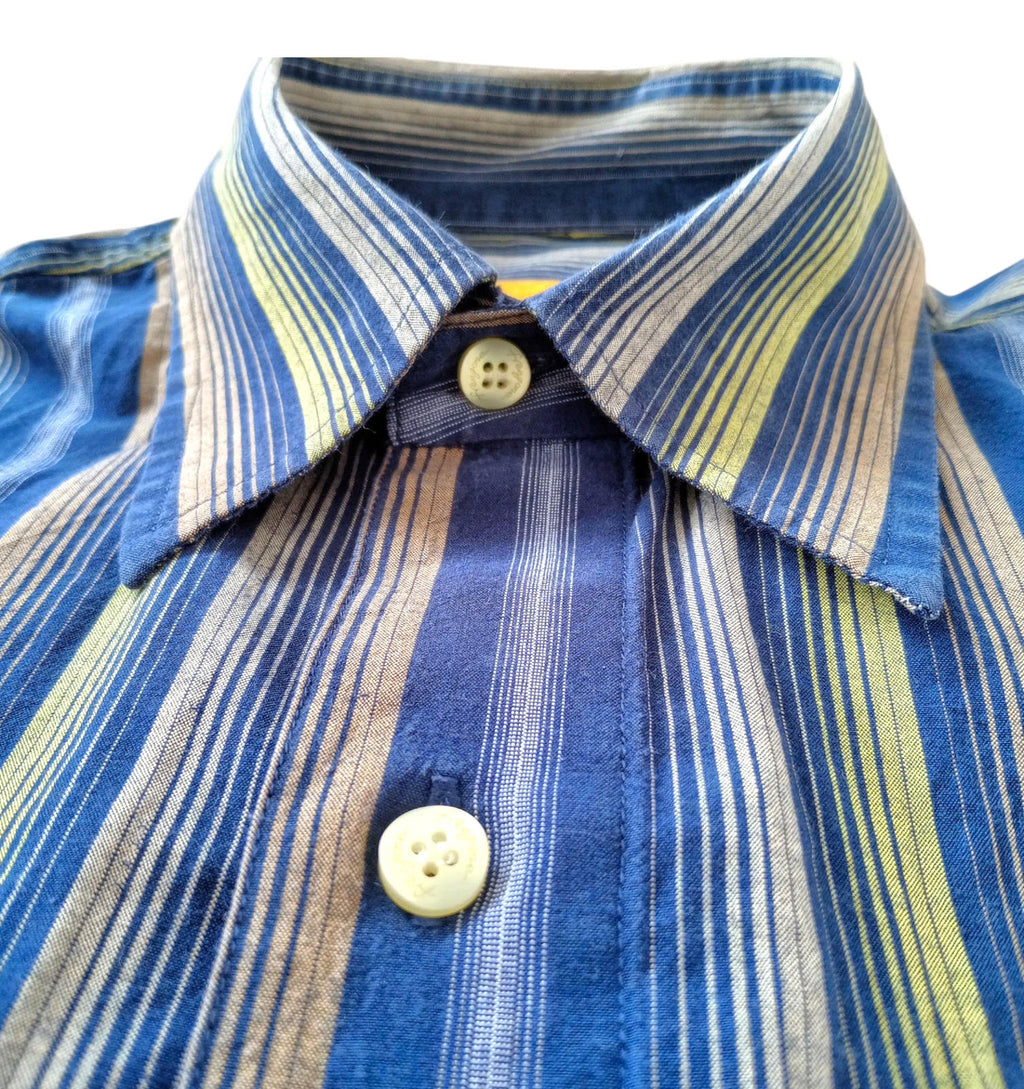 French Shirt Long Sleeve Blue Striped Pocket UK Men's Size 2XL XXL Collar 15"