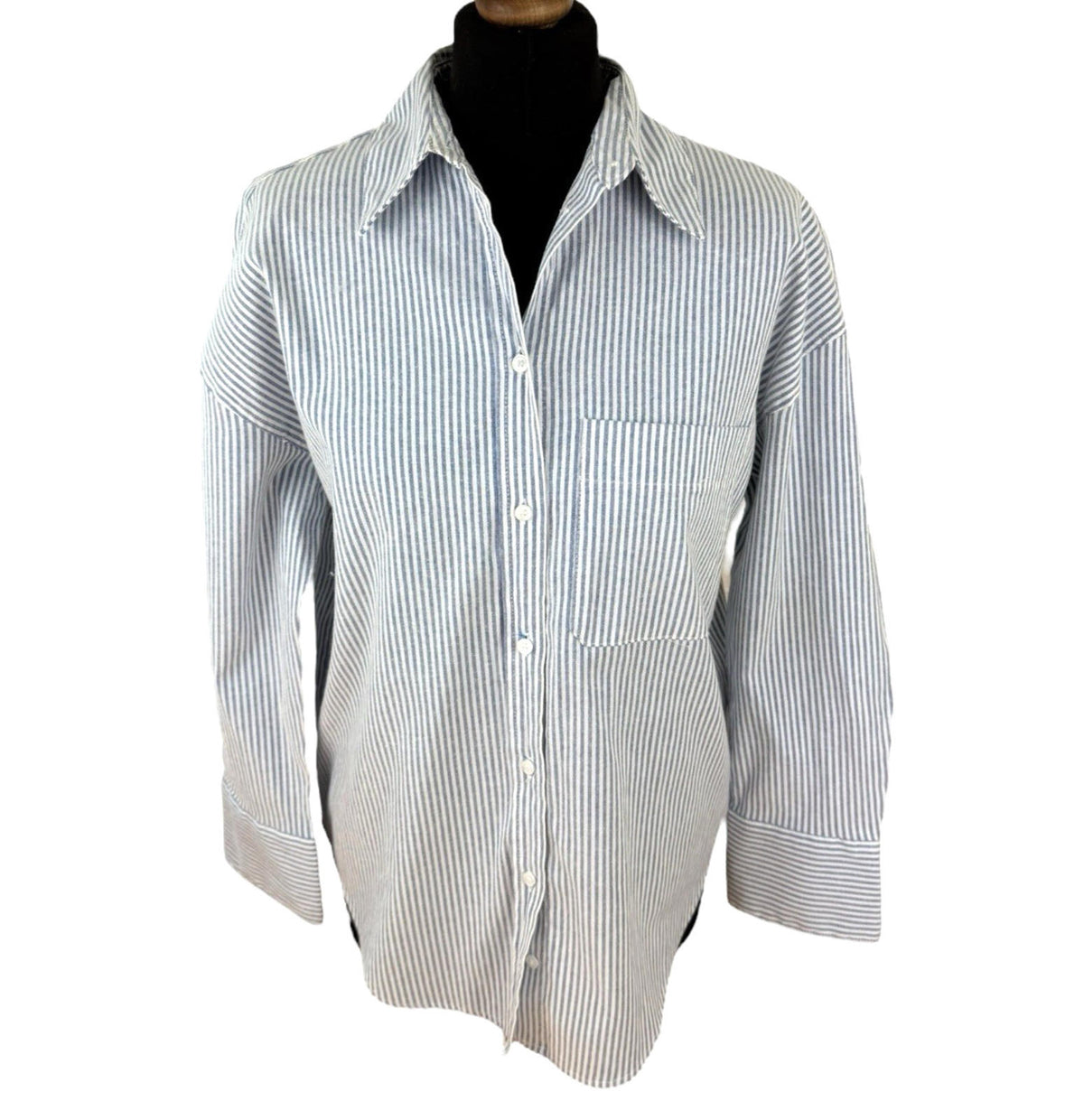 Zara Blue Stripe Shirt Blouse Collared Long Sleeve Distressed Women's UK Size S