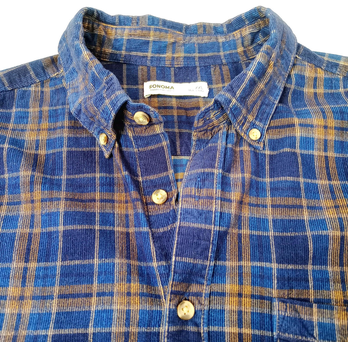 Sonoma Corduroy Shirt Men's UK Size 2XL Blue Check Pocket 100% Cotton Easy Care