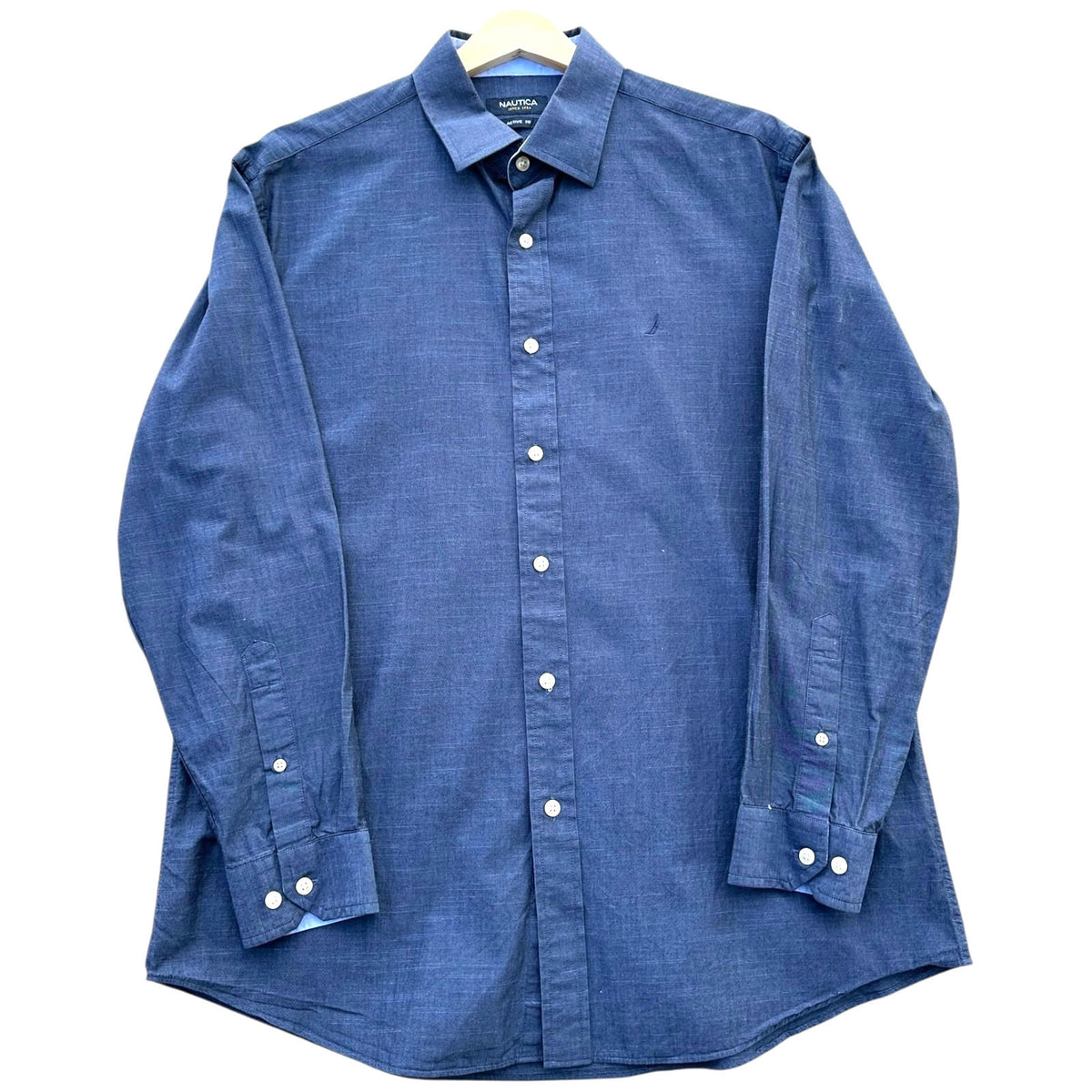 Nautica Shirt Men's UK Size L Blue Solid Long Sleeve Embroidered Logo Wing Collar