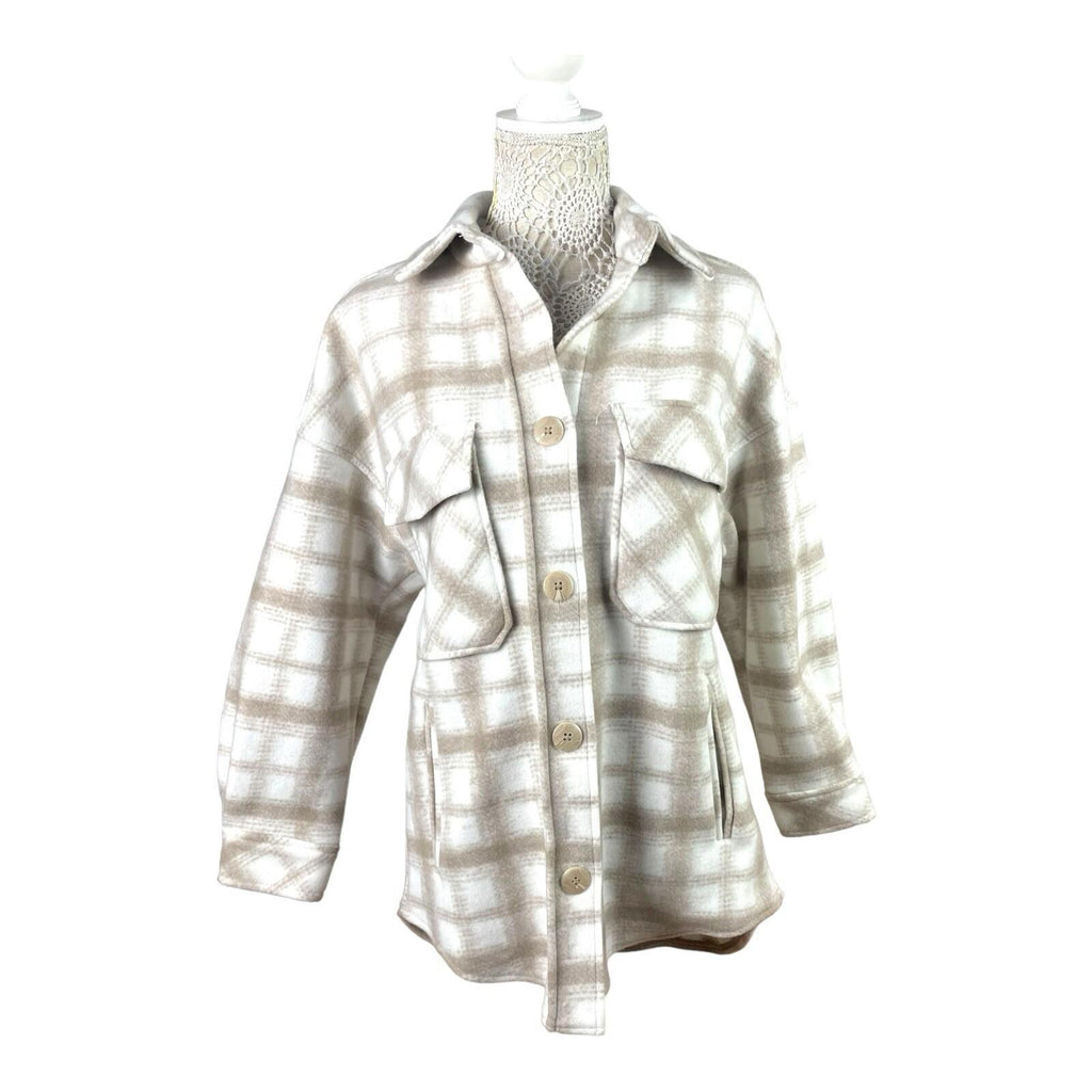 Stradivarius Beige Shirt Jacket Check Brushed Oversized Women's UK Size XS