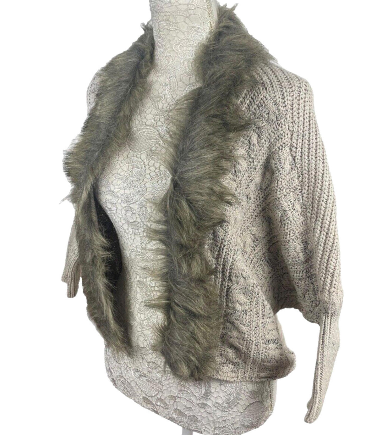 Floryday Beige Faux Fur Trimmed Knit Cardigan Sweater Women's UK Size S