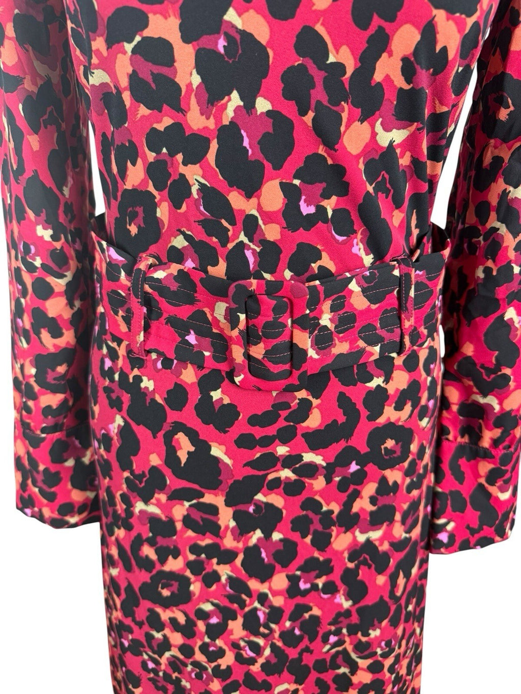 Next Leopard Print Midi Dress Women’s UK Size 6 Red & Black Long Sleeve Belted