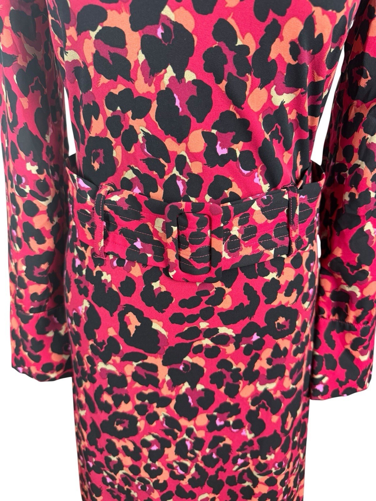 Next Leopard Print Midi Dress Women’s UK Size 6 Red & Black Long Sleeve Belted