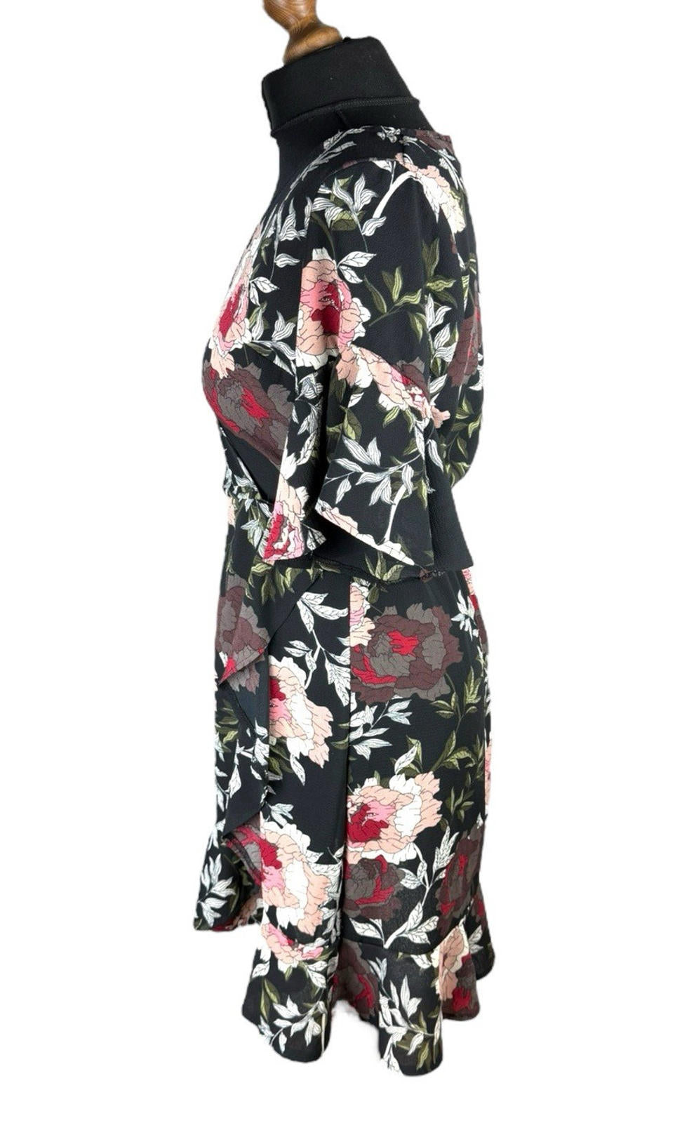 AX Paris Dress Black Floral Wrap Front Frill Knee Length Women's UK Size 10
