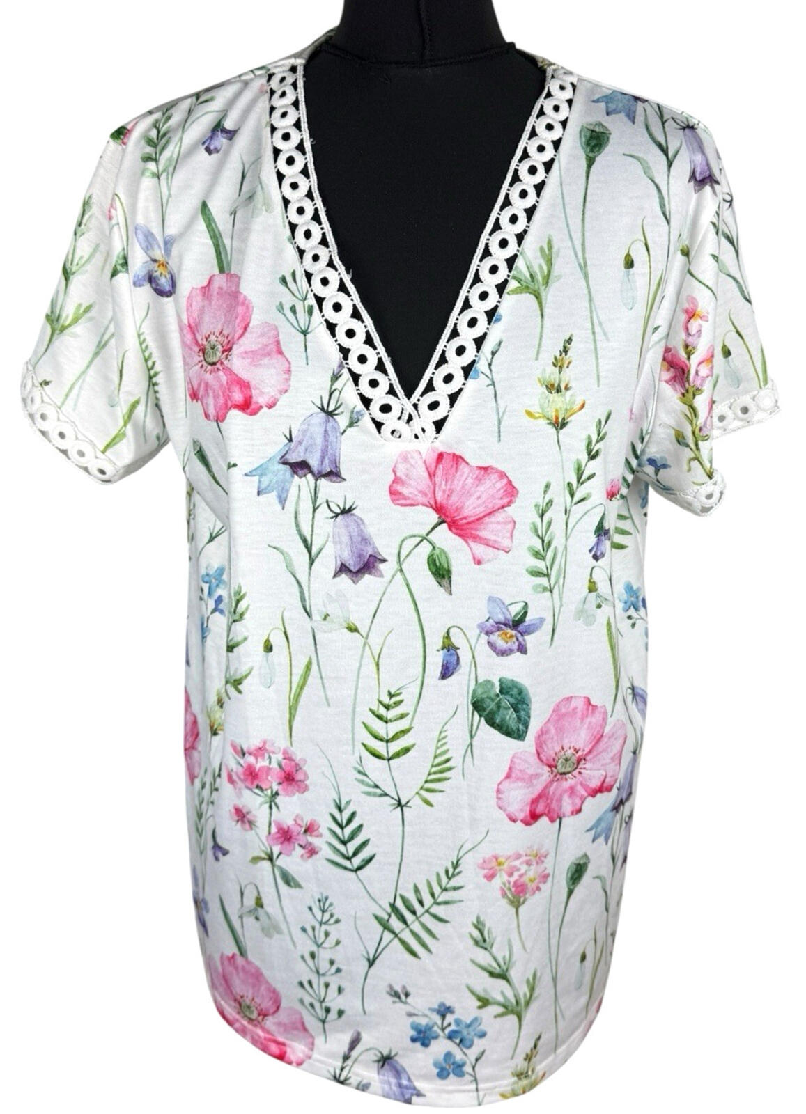 Just Fashion V-Neck Blouse Top Women's UK Size M Floral Print Contrast Lace Trim