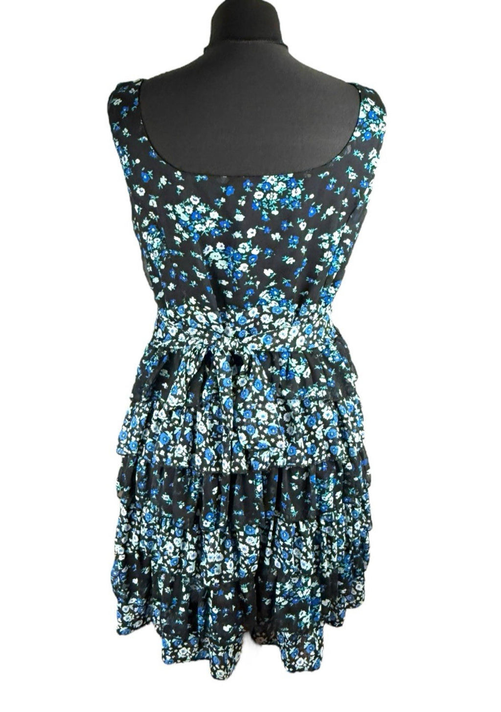 Austin Black Floral Mini Dress Ruffle Layers Tie Back Women's UK Size 18