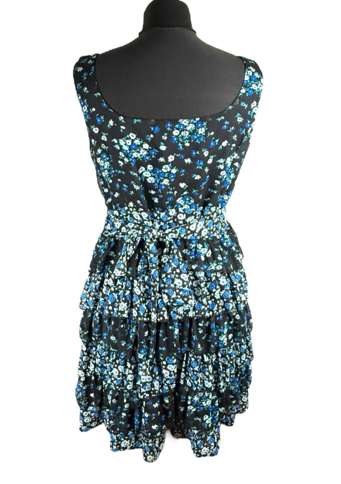 Austin Black Floral Mini Dress Ruffle Layers Tie Back Women's UK Size 18