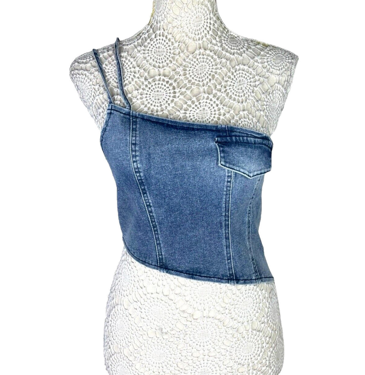 Blue Denim One Shoulder Asymmetrical Crop Top Mock Pocket Women's UK Size 8