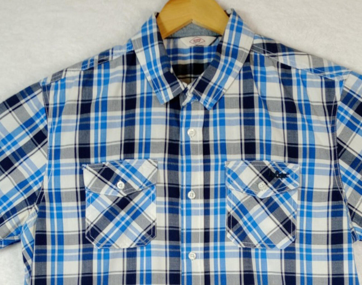Lee Cooper Men's Shirt UK Size L Blue Check Short Sleeve Pockets 100% Cotton