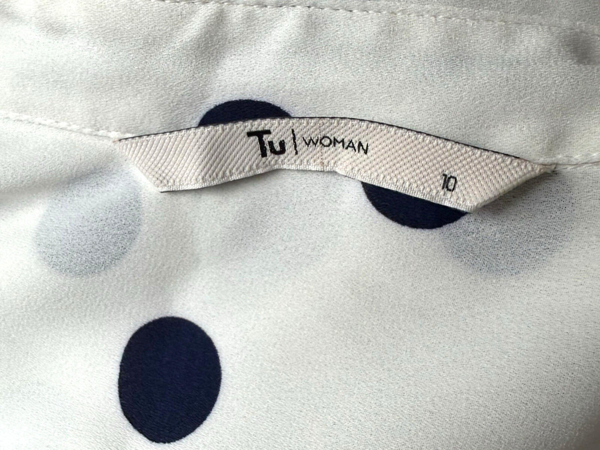 TU Polka Dot Shirt Blouse Women's UK Size 10 Oversized Chiffon Button Up White