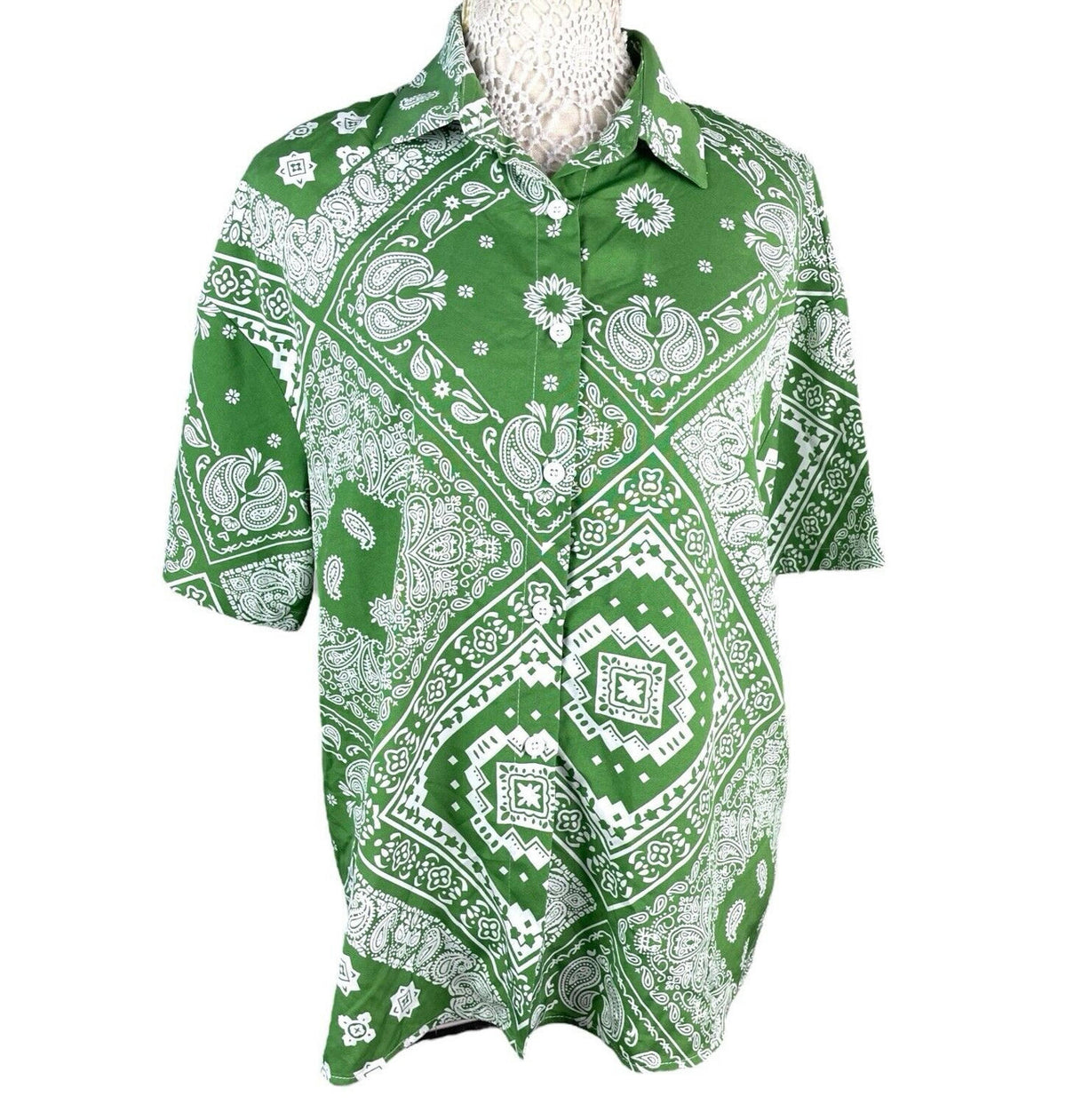 Shein Green & White Paisley Print Shirt Blouse Women's UK Size M