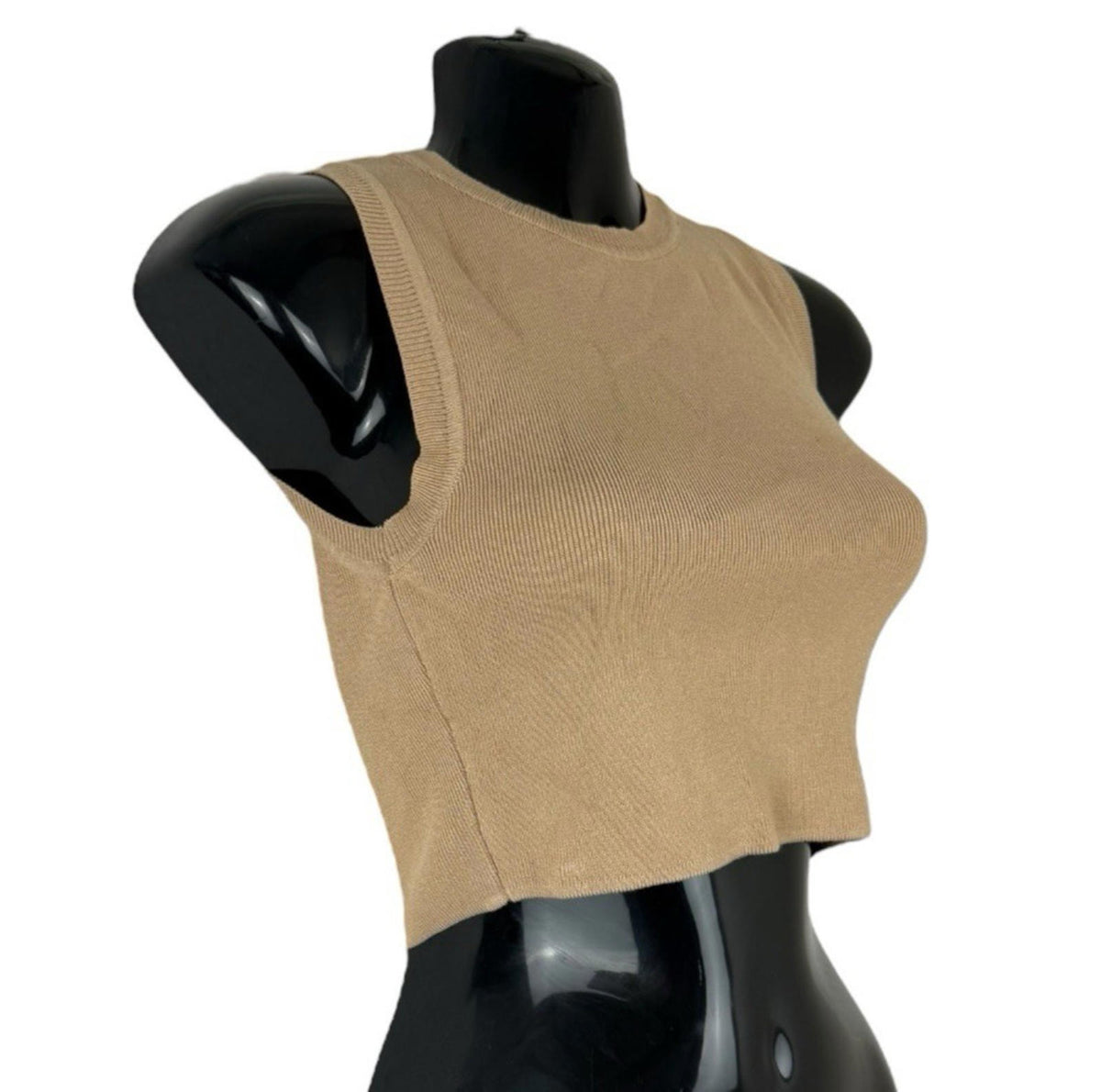 Zara Tan Knitted Crop Top Round Neck Tank Women's UK Size S