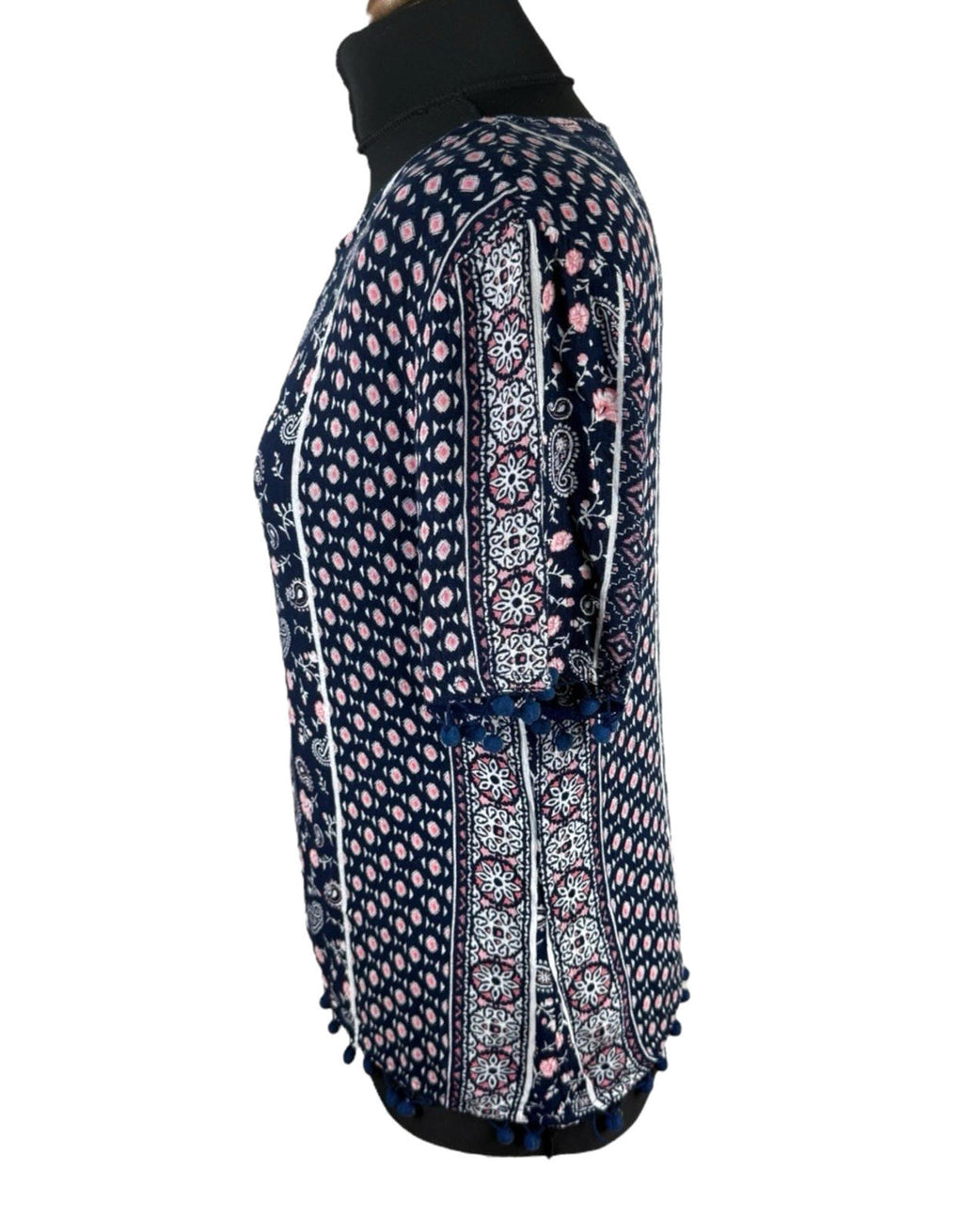 Peacocks Floral Top Navy Pink Crochet Tasselled Lightweight Women's UK Size 10