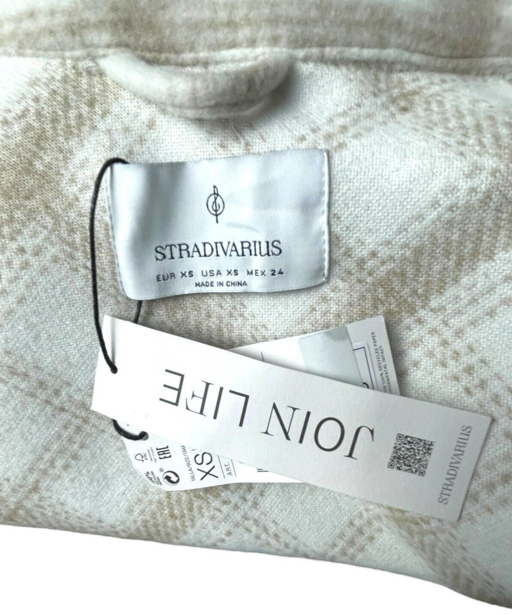 Stradivarius Beige Shirt Jacket Check Brushed Oversized Women's UK Size XS