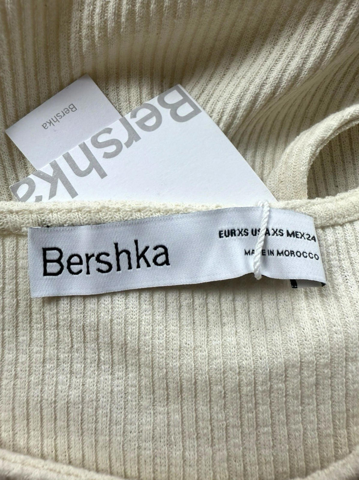 Bershka Cream Ribbed Crop Top Ribbed Tie Front Women's UK Size XS