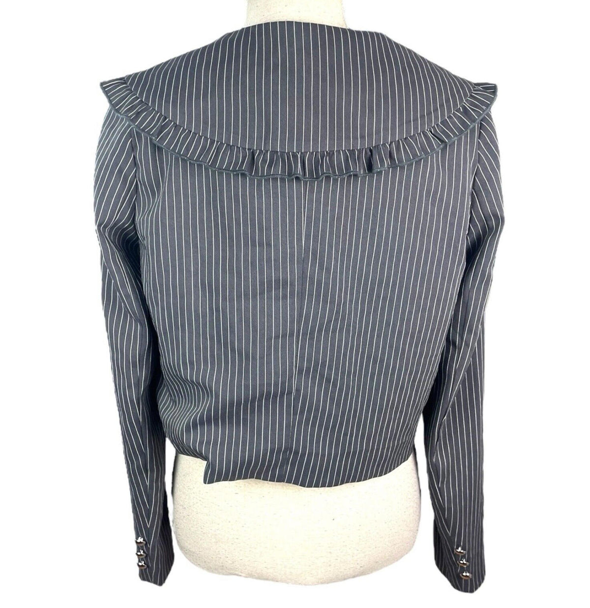 Pretty Little Thing Pinstripe Blazer Women’s UK Size S Grey Cropped Oversized Lapels Ruffle Trim