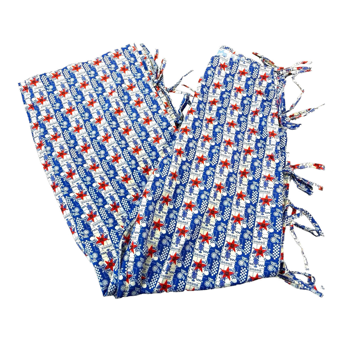 Blue & Red Star Print Straight Leg Trousers Tie Side Detail Women's UK Size 8