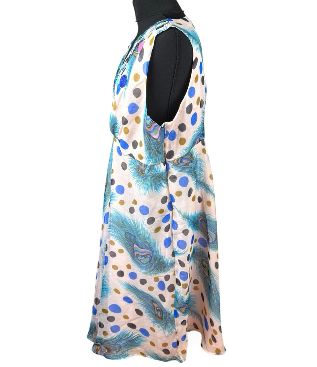 Marksharn White Marksharn Chiffon Party Dress Women's UK Size 3XL Peacock Design Multicolour