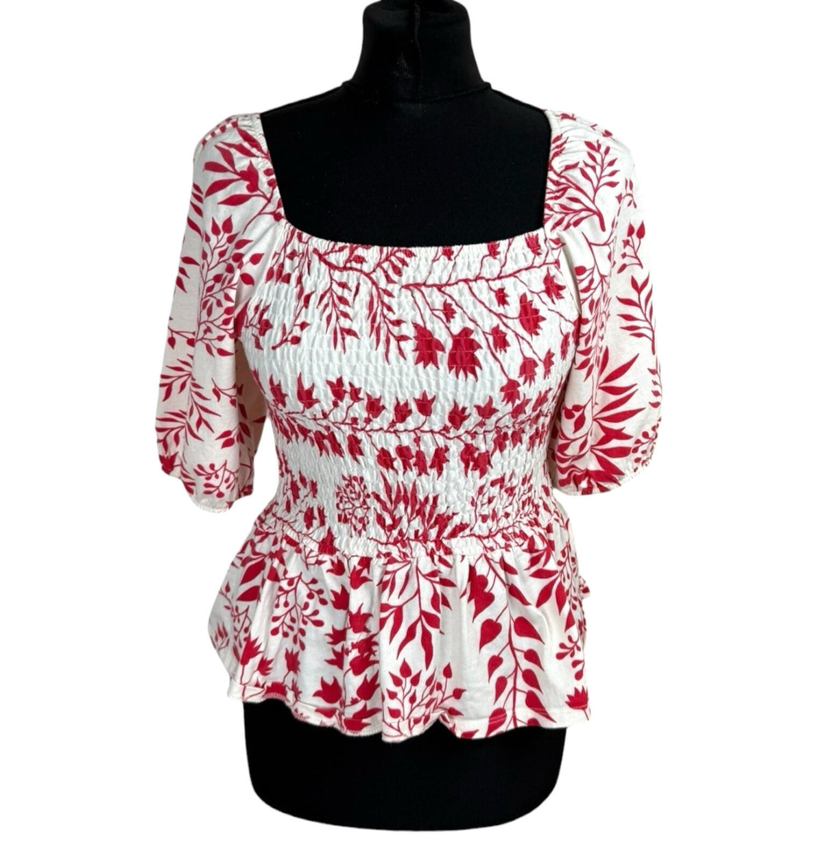 Peacocks Peplum Frill Top Women's UK Size 10 Square Neck Bell Sleeve White Red