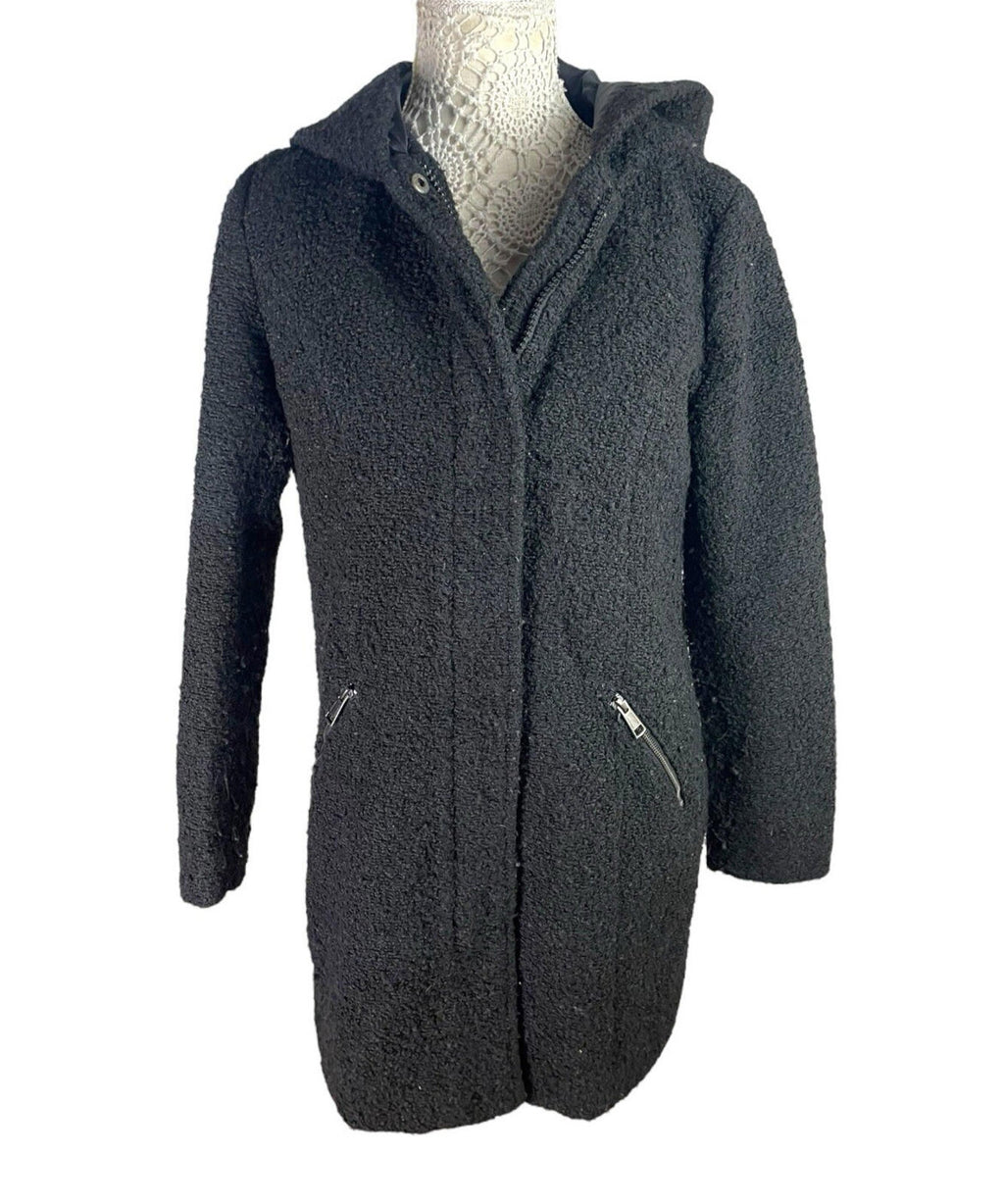 Primark Black Teddy Fleece Coat Mid Length Hooded Women's UK Size 14