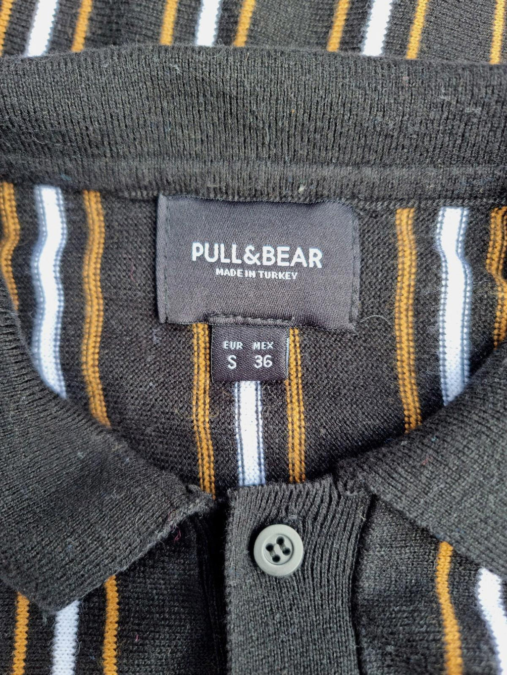 Pull&Bear Polo Shirt Men's UK Size S Black Knit Striped Jersey Tee Summer