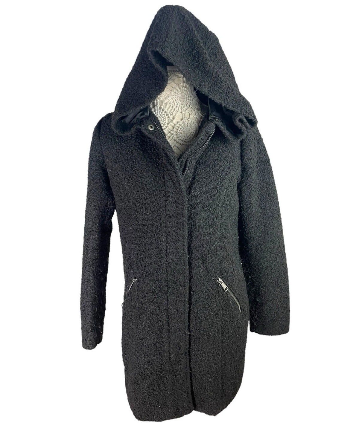 Primark Black Teddy Fleece Coat Mid Length Hooded Women's UK Size 14