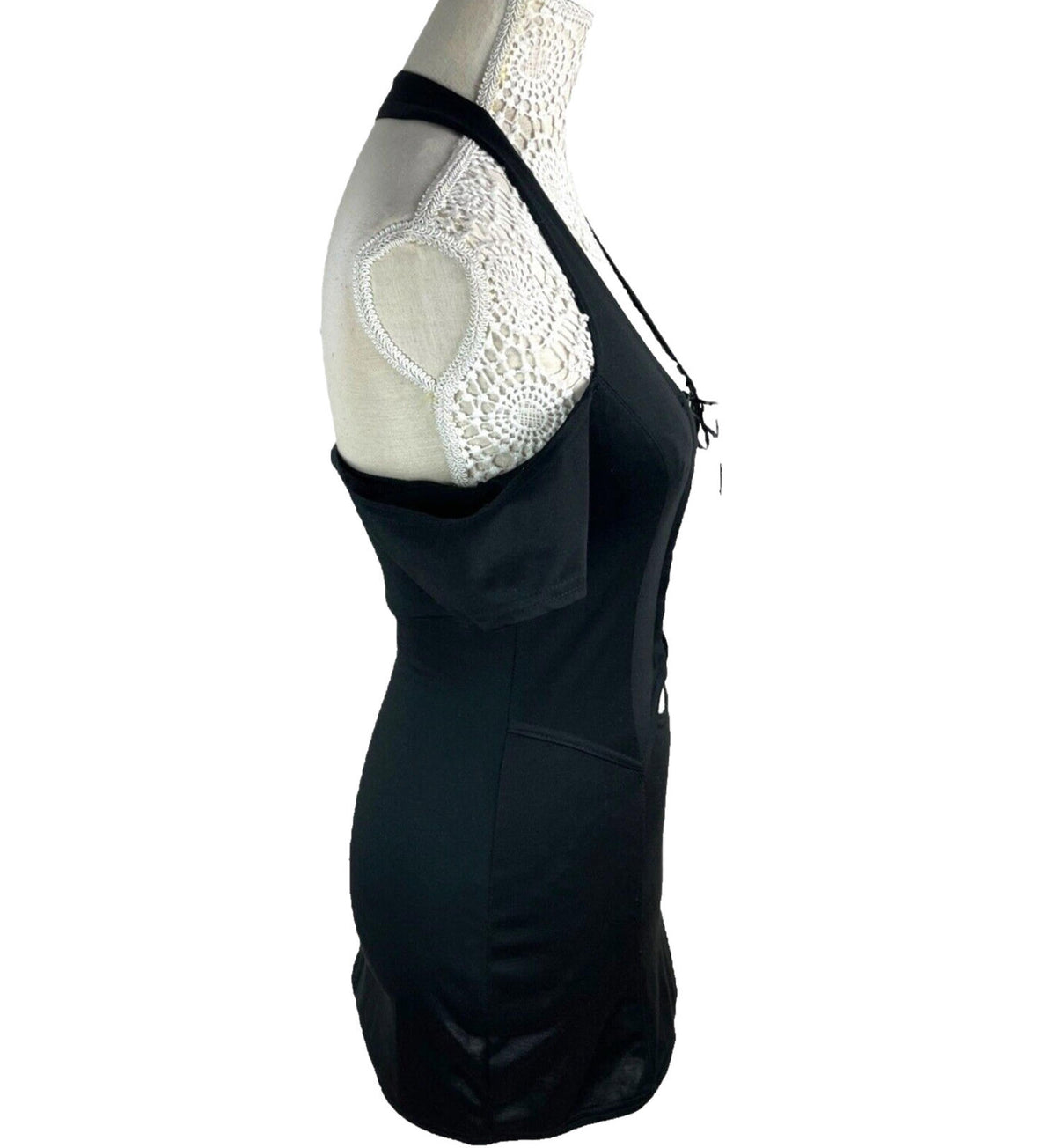 Black Halter Neck Mini Dress Lace Up From Cold Shoulder Women's UK Size 8