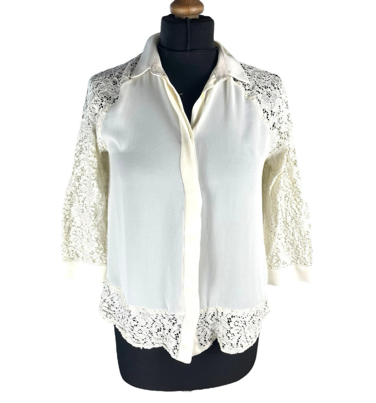 ZARA Cream Zara Basic Ivory Blouse Lace Panels Women's UK Size S