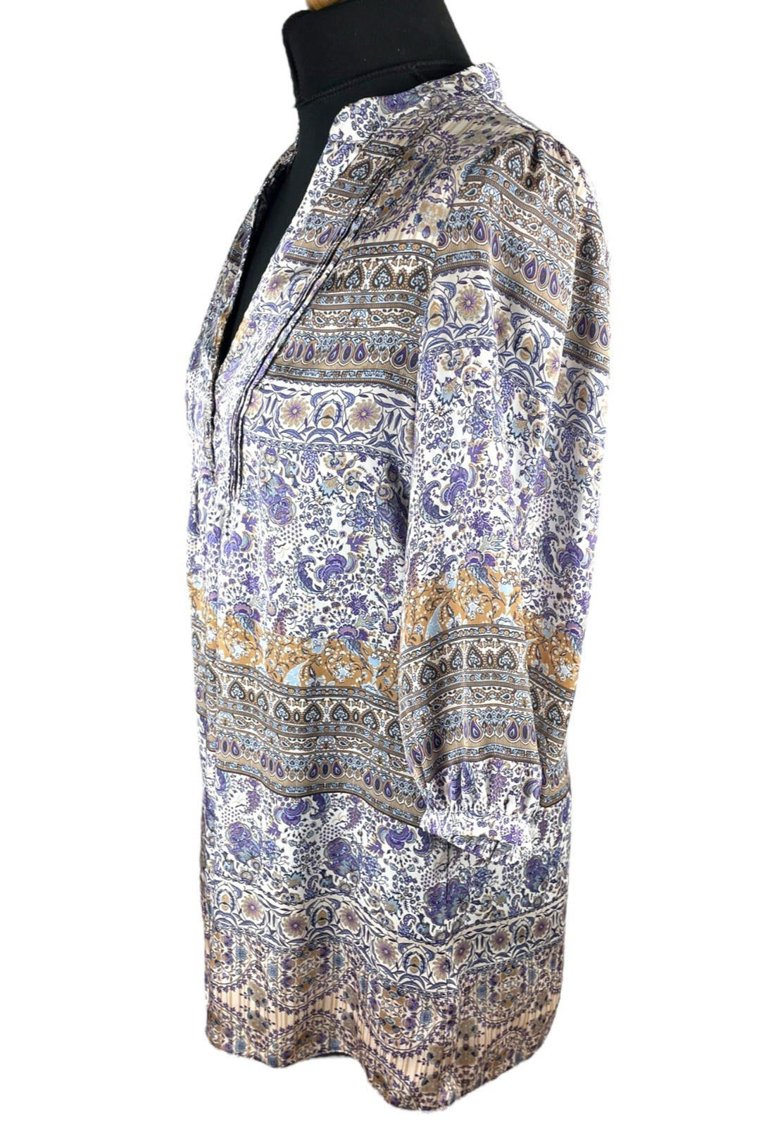 Wallis Satin Tunic Top Women's UK Size 10 Paisley 3/4 Blouson Sleeves V-Neckline