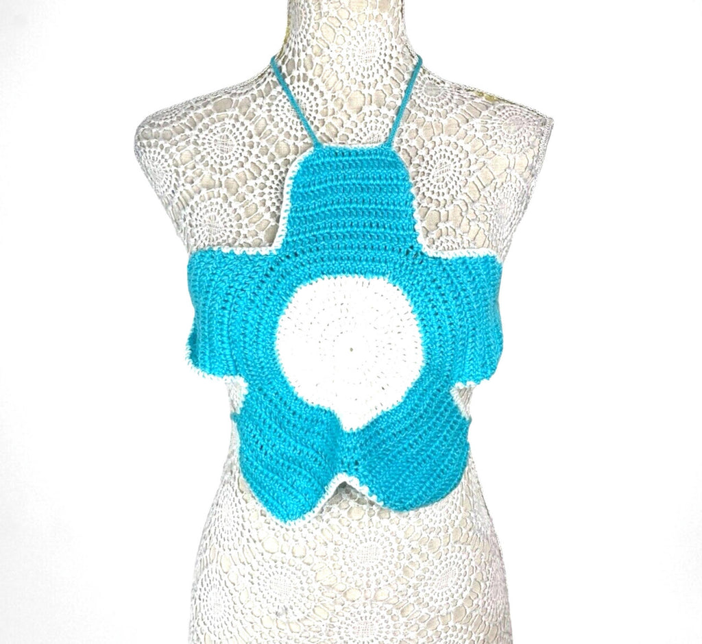 Blue Knit Flower Crop Top Backless Women's UK Size S
