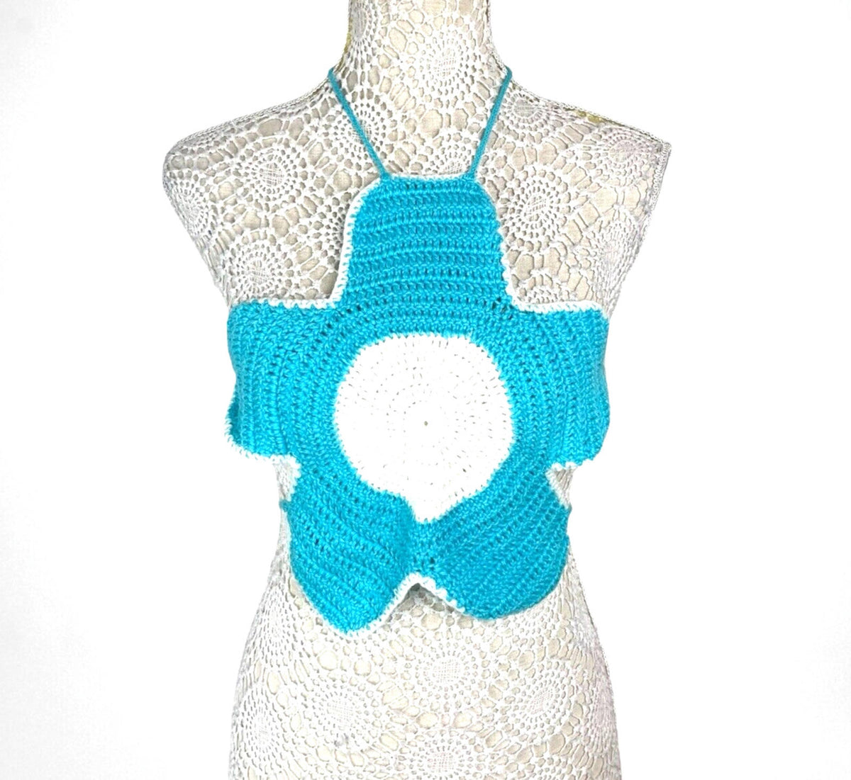 Blue Knit Flower Crop Top Backless Women's UK Size S