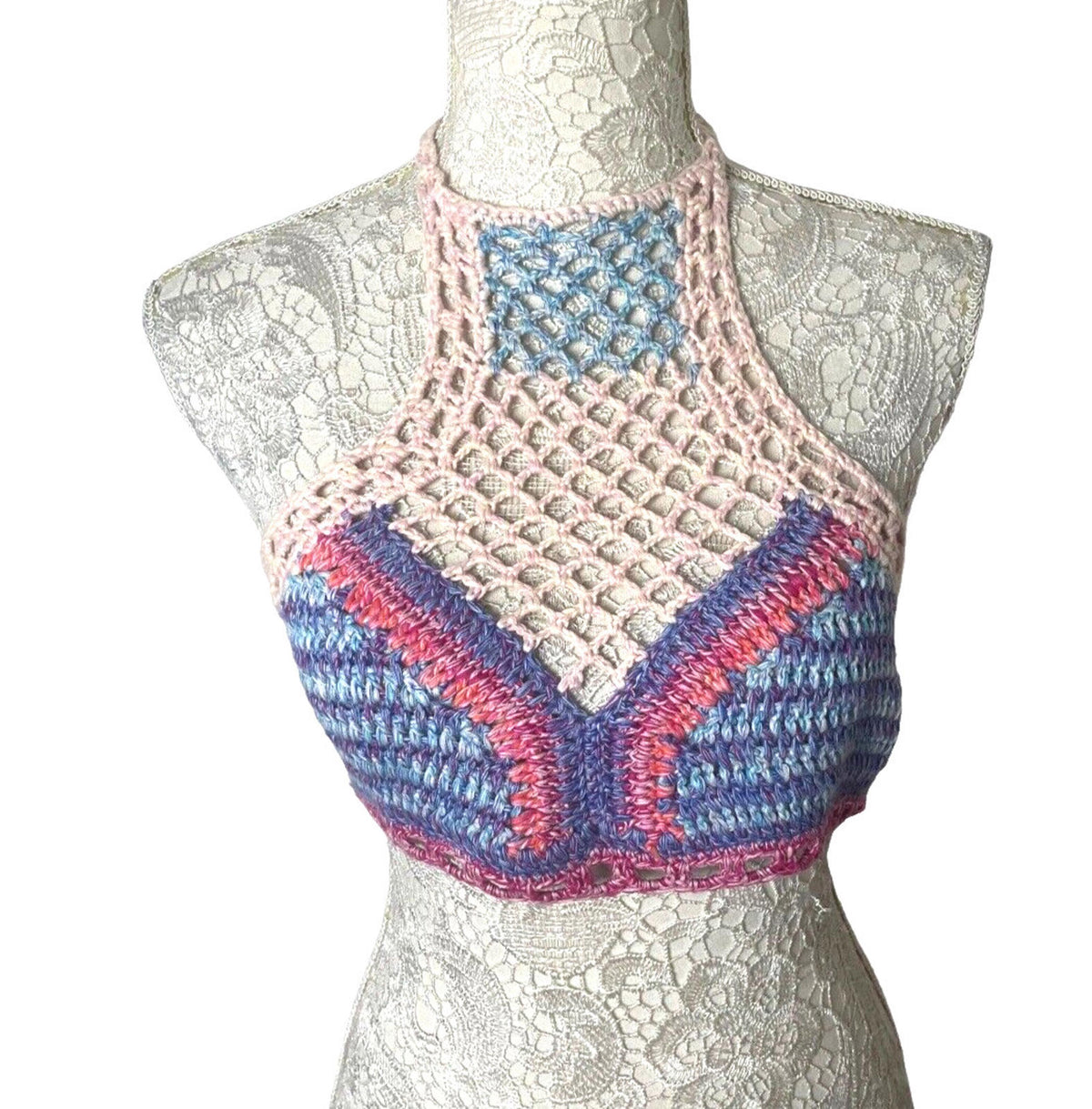 ZARA Multi Zara Crochet Knit Halter Crop Top Summer Women's UK Size Large