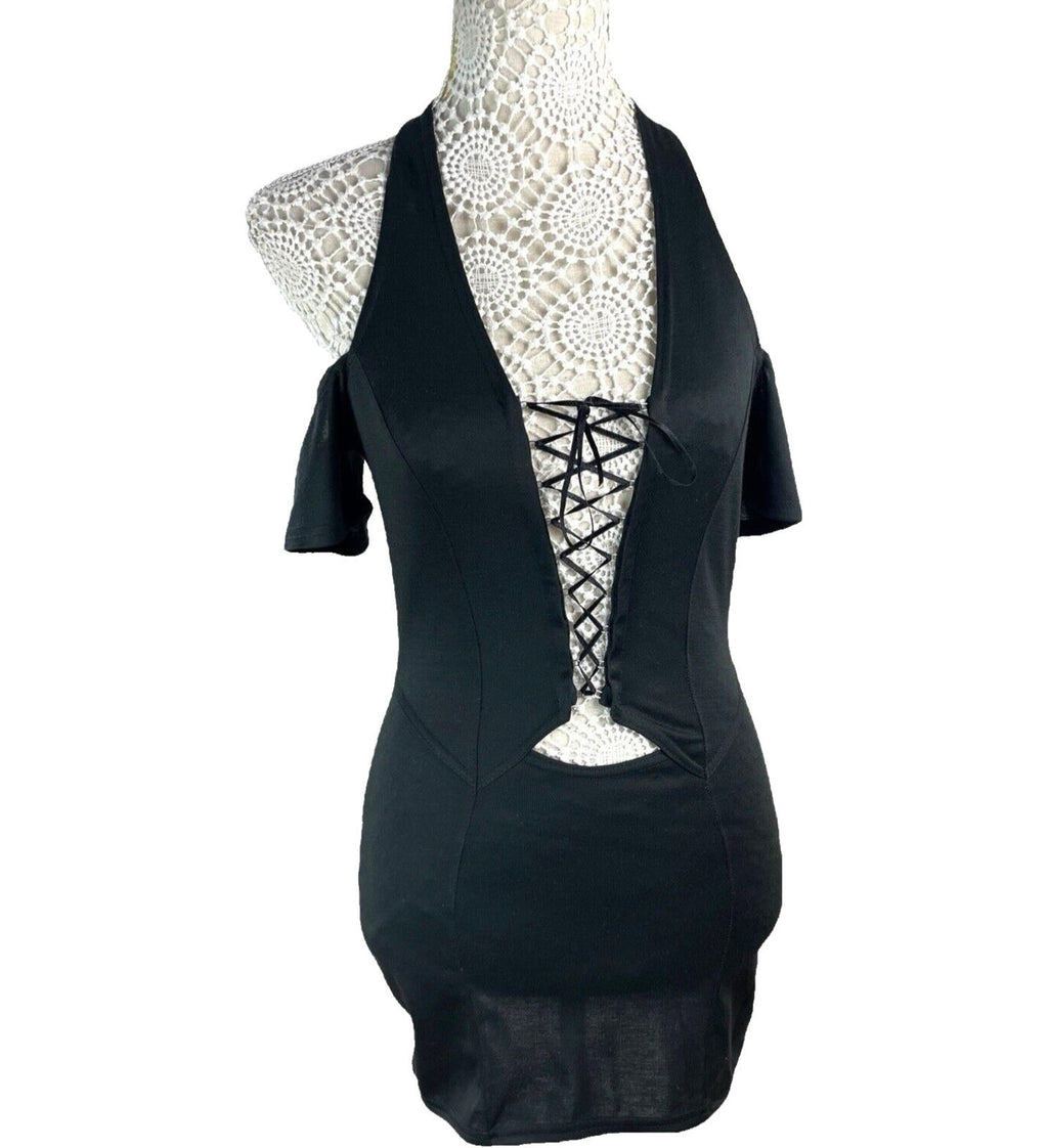 Black Halter Neck Mini Dress Lace Up From Cold Shoulder Women's UK Size 8