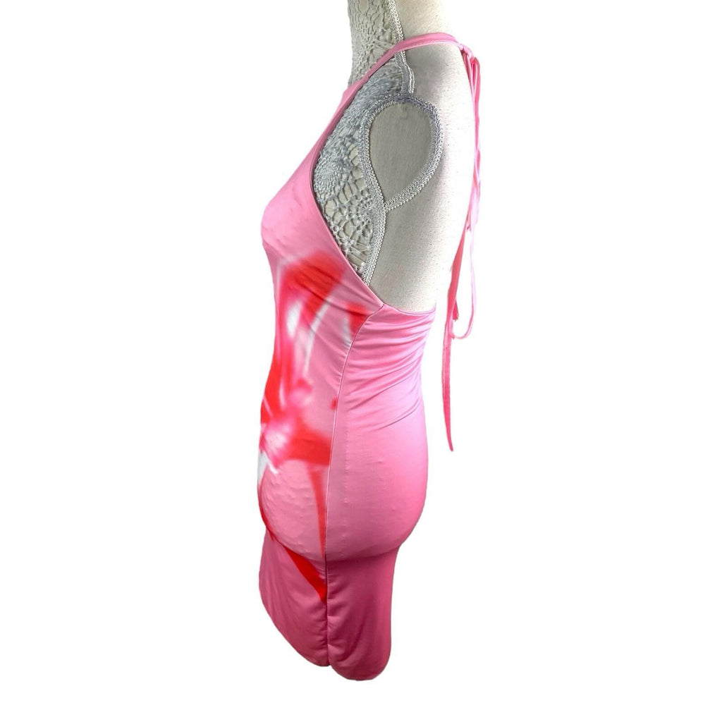 Pink Floral Mini Dress Halter Neck Backless Women's UK Size 8