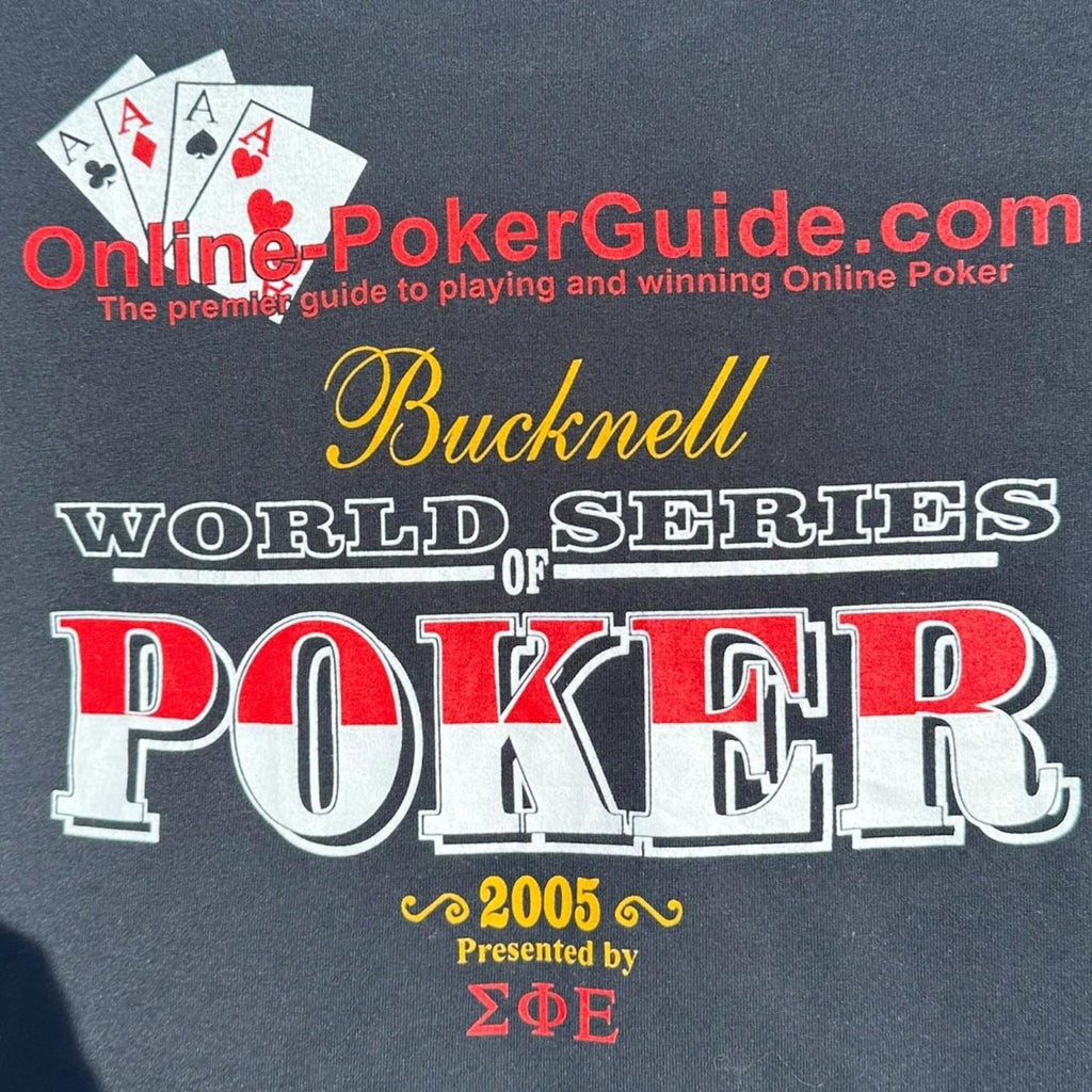 JERZEES Black Bucknell Poker T-Shirt Men's UK Size L Black Graphic Print 2005 Short Sleeve