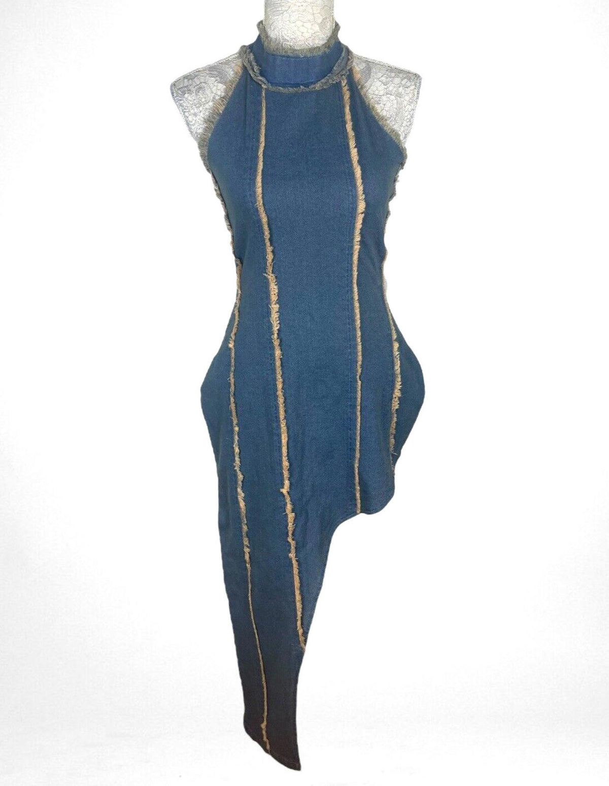 Denim Dress Irregular Stretch Halterneck Tapered Seems Women's UK Size 8