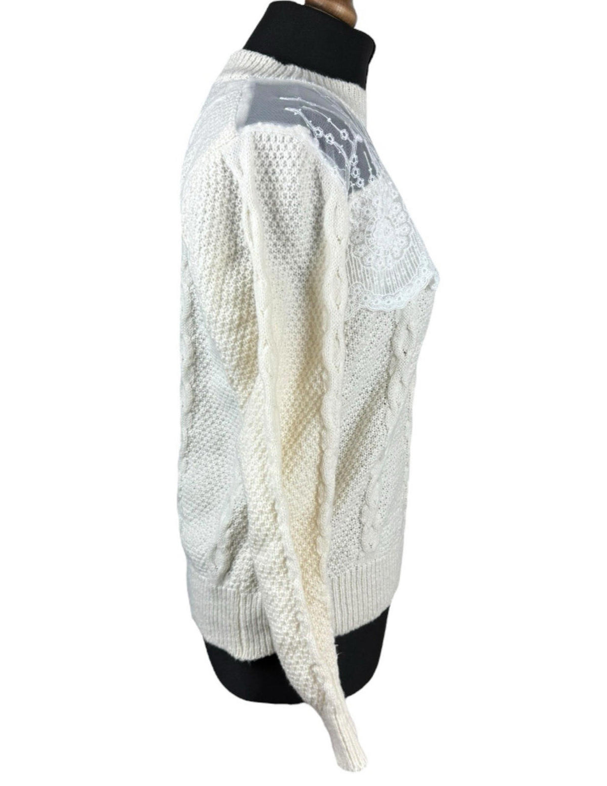 Shein Beige Knit Jumper White Lace Panel Long Sleeve Women's UK Size L